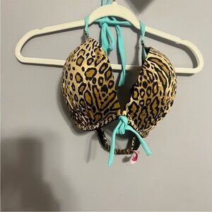 Leopard Print Bikini Top with Blue Straps